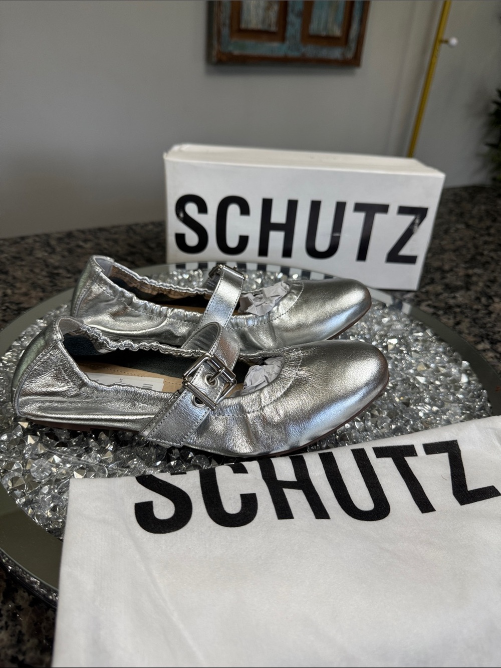 SCHUTZ Silver Leather Mary Jane Flats ballet with Buckle NEW 6